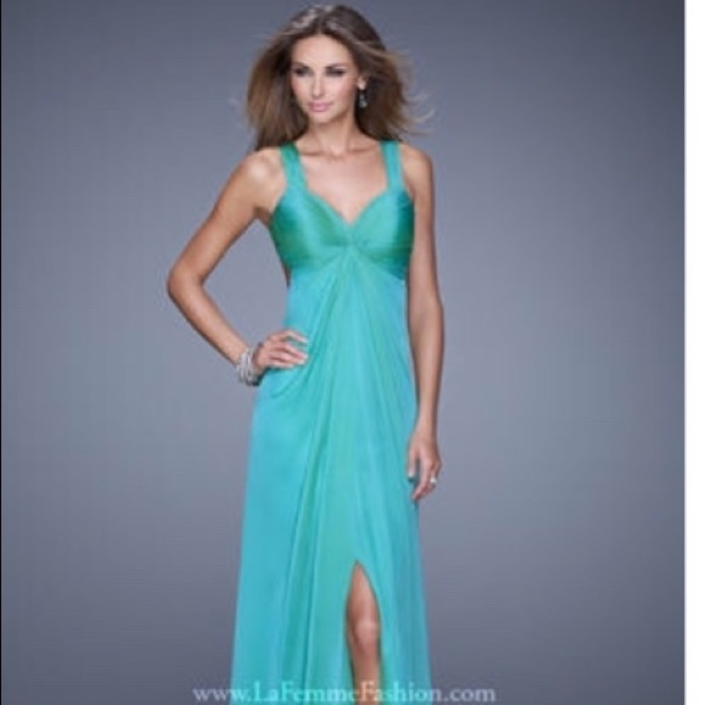 La Femme Strappy Ruched Gown in Jungle Green